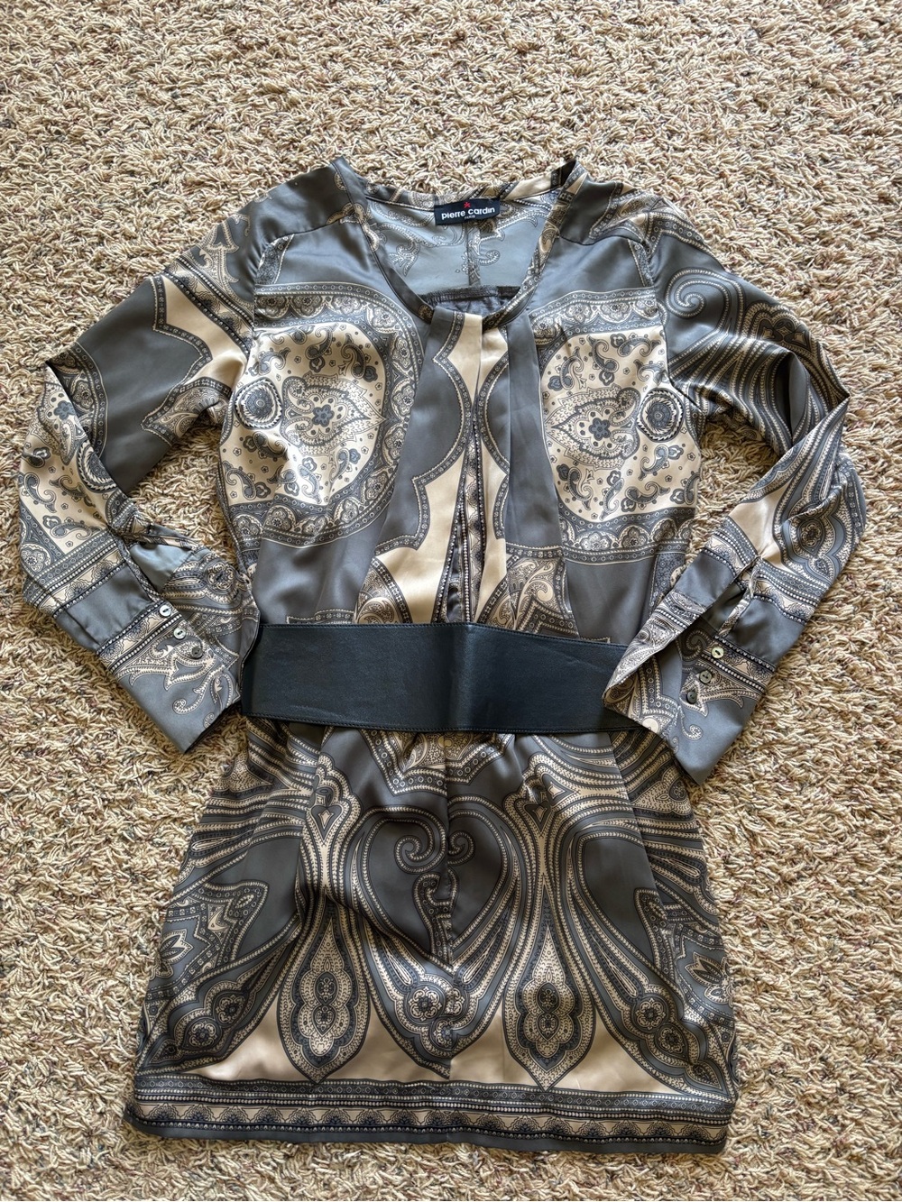 Pierre Cardin Gray and Cream Paisley Silk Tunic Womens Small Vintage Boho